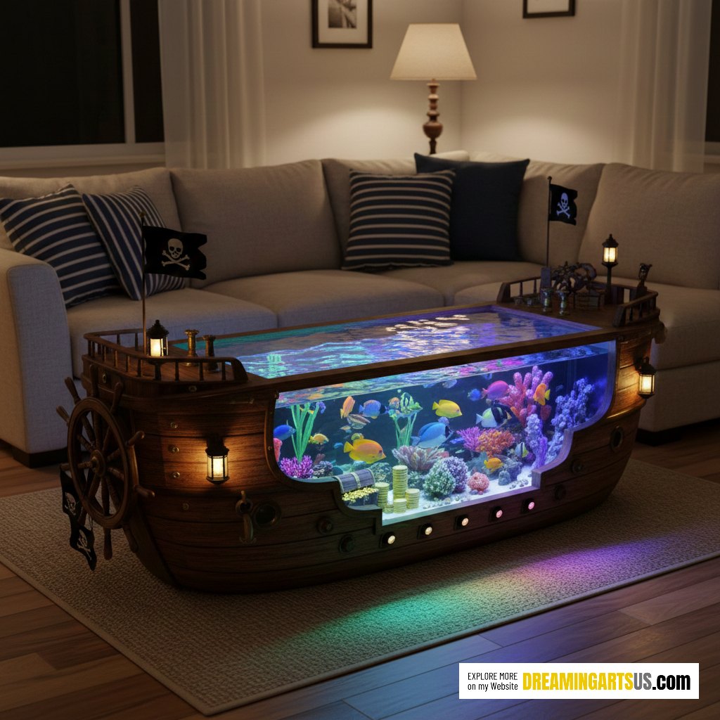 Pirate ship aquarium coffee table