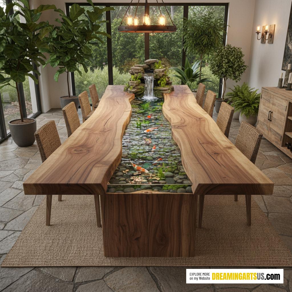 wooden dining tables that have built-in flowing rivers