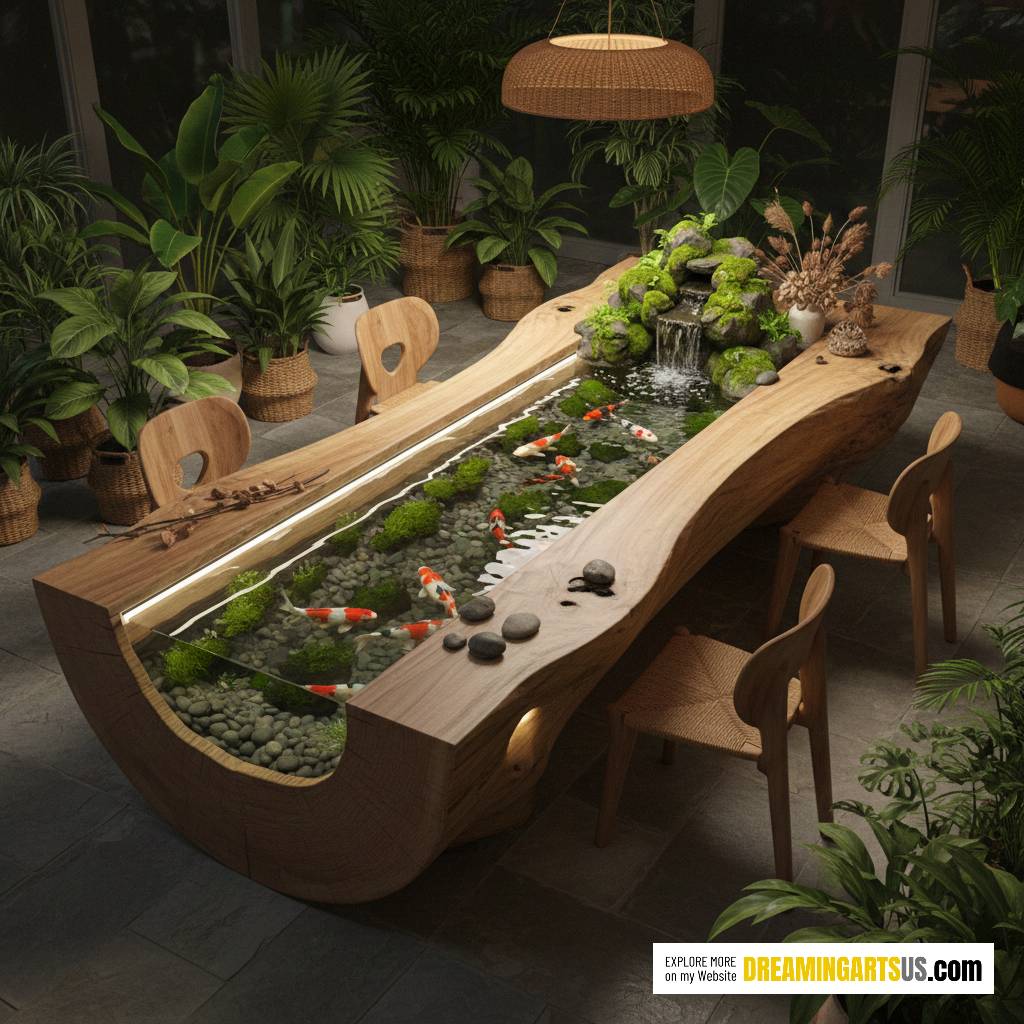 wooden koi pond dining table