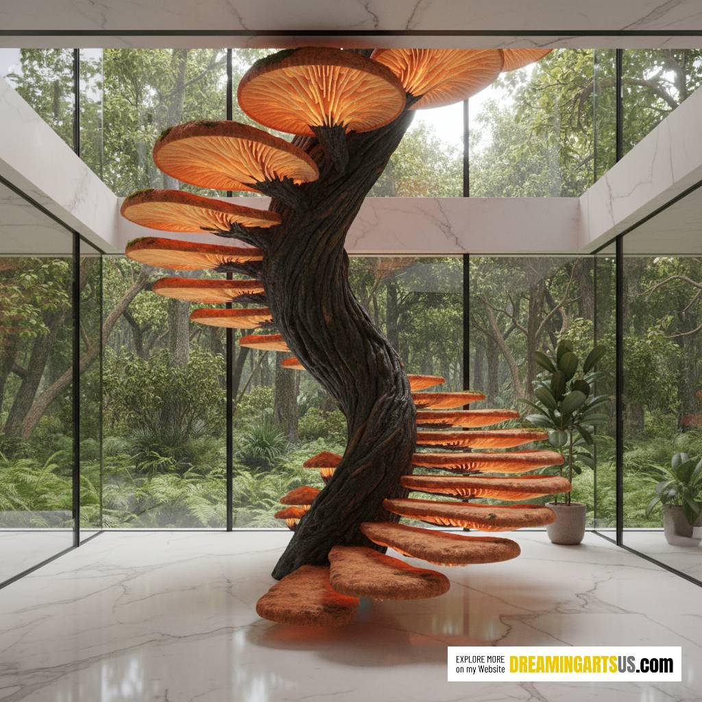 mushroom inspired wooden staircase