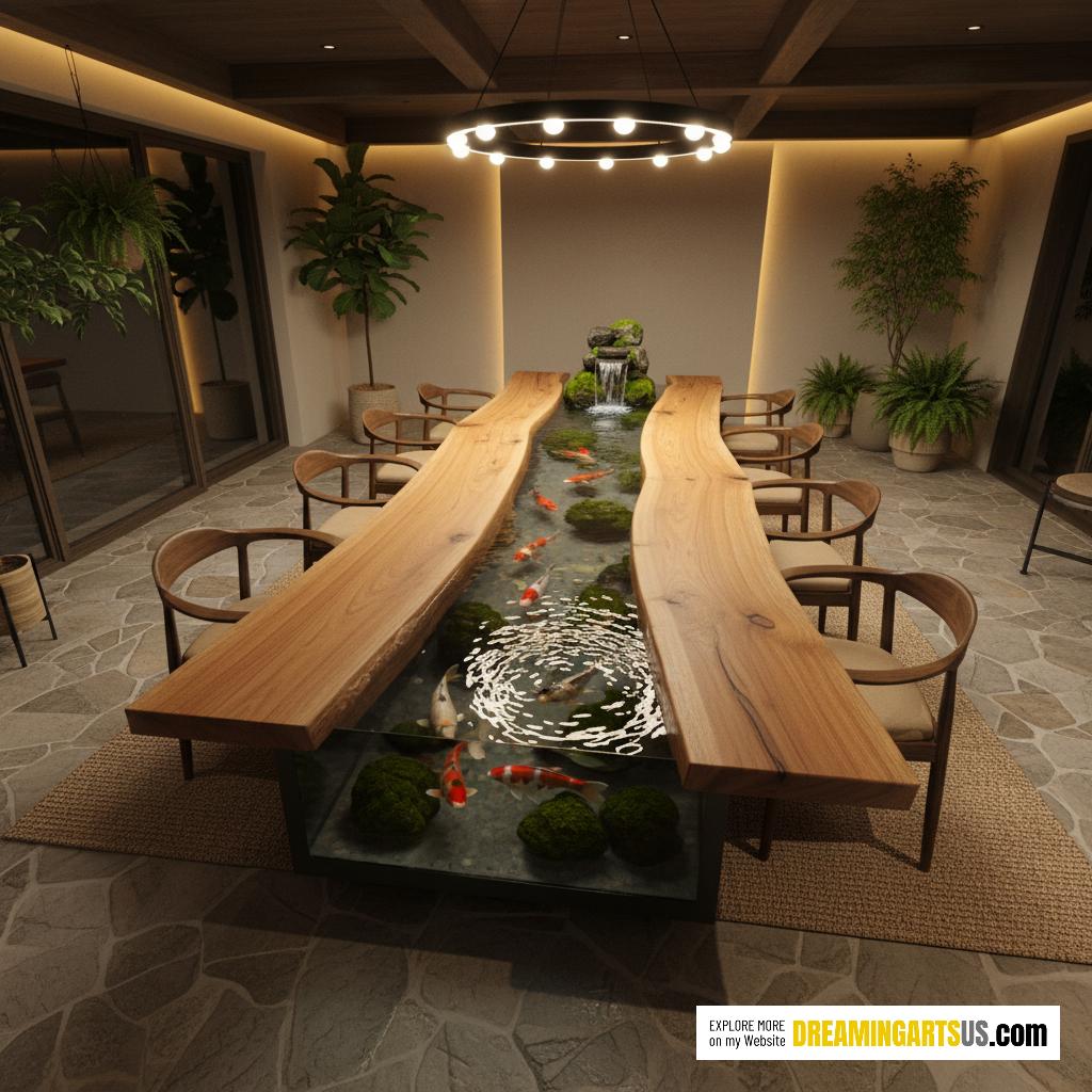 wooden dining tables that have built-in flowing rivers