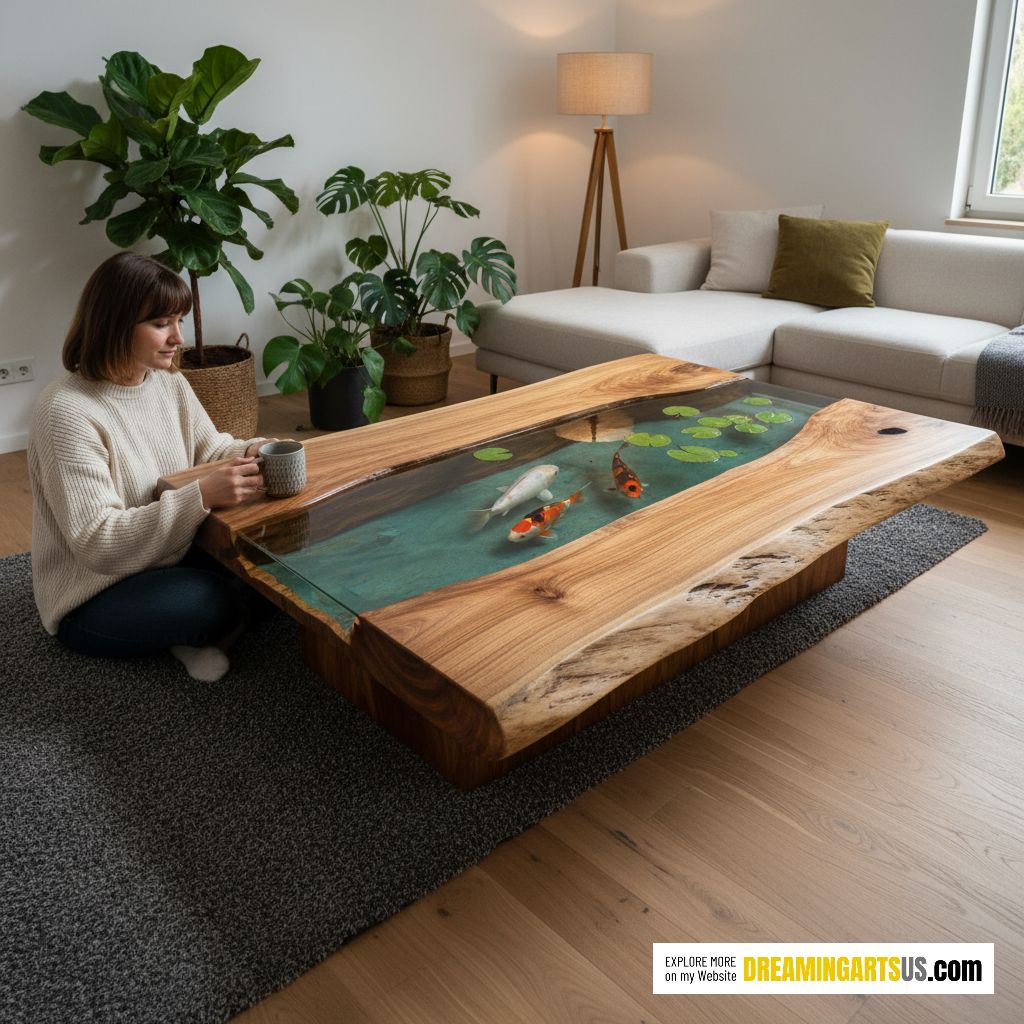 wooden koi pond coffee table