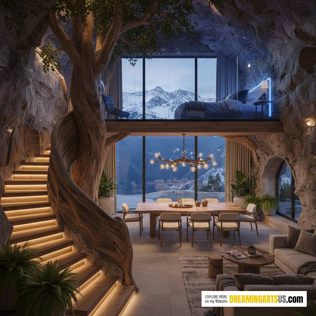 tree house loft built into stone